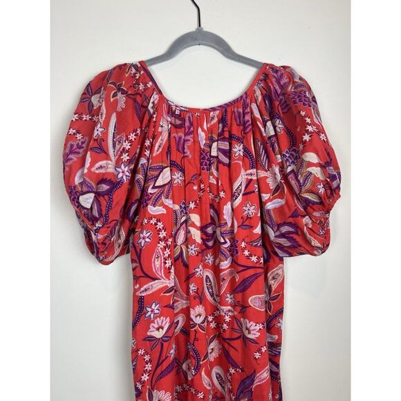 SUNDRY Bubble Sleeve Red Purple Floral Maxi Dress Lightweight Cotton V-neck Sz 2 - Picture 5 of 8